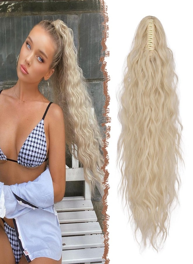 FESHFEN Claw Clip Ponytail Extensions - Long Pony Tail Hair Piece Wavy Curly Synthetic Hairpieces for Women, Platinum Blonde 26 inch - Image 1